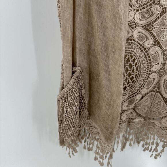 Lagenlook Tan Scoop Neck Embroidered Crochet Tassel Cover-Up Tank Top One Size - Picture 3 of 10